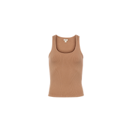 The Adira Tank is a light brown, sleeveless ribbed essential featuring a scoopneck and sculpted fit, shown against a plain white background.