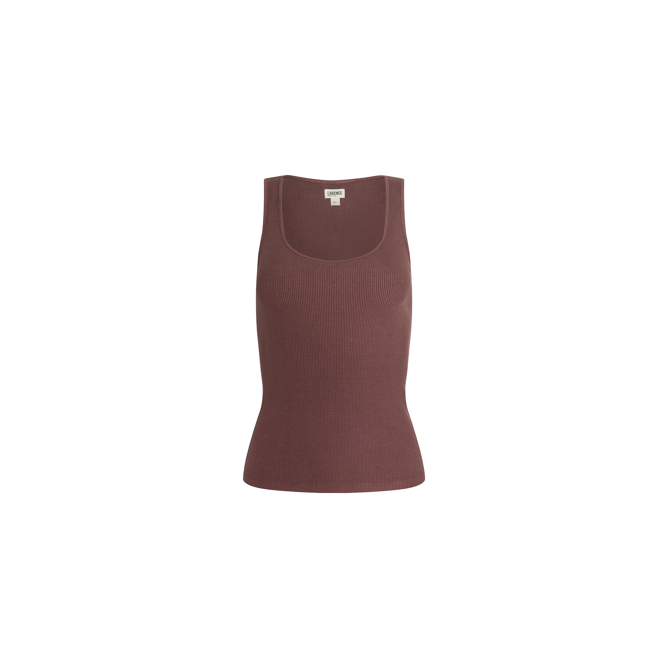 The Adira Scoopneck Tank is a sleeveless, fitted ribbed tank in a muted brown shade, shown on a plain white background. This essential piece features a scoop neckline and a flattering silhouette.