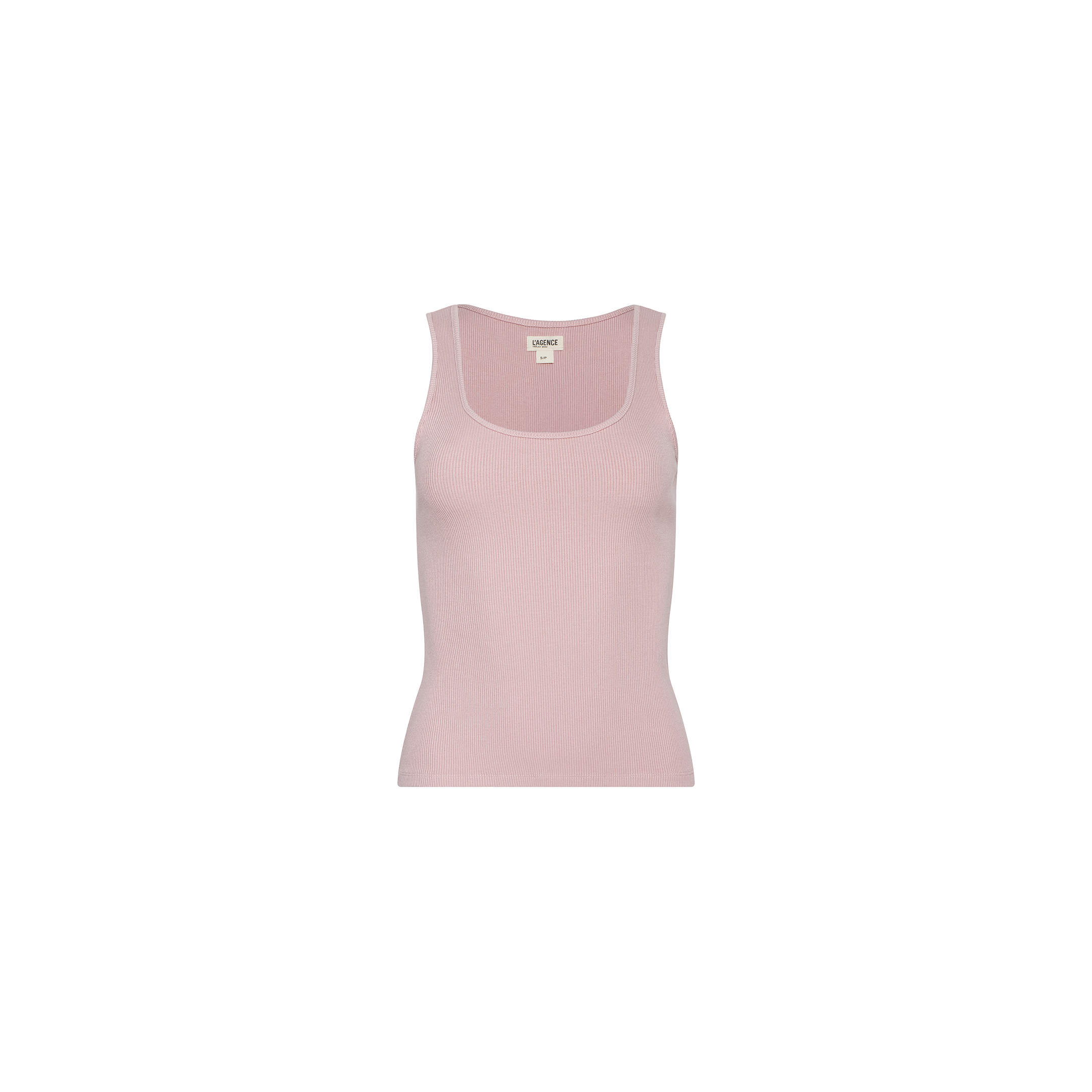 The Adira Scoopneck Tank, a sleeveless essential in light pink, features a scoop neckline and is displayed on a plain white background. Crafted from stretch rib fabric, this top provides comfort and versatility.