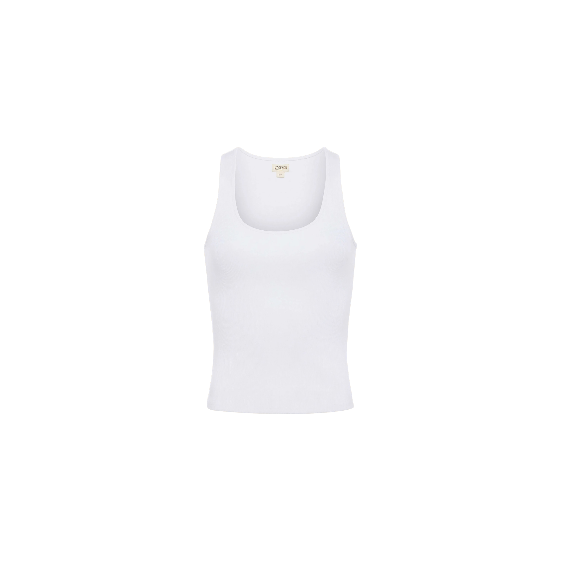 The Adira Scoopneck Tank is a slim fit white tank top featuring a scoop neckline, crafted from ribbed knit fabric and showcased on a white background.