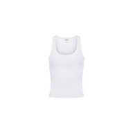 The Adira Scoopneck Tank is a slim fit white tank top featuring a scoop neckline, crafted from ribbed knit fabric and showcased on a white background.