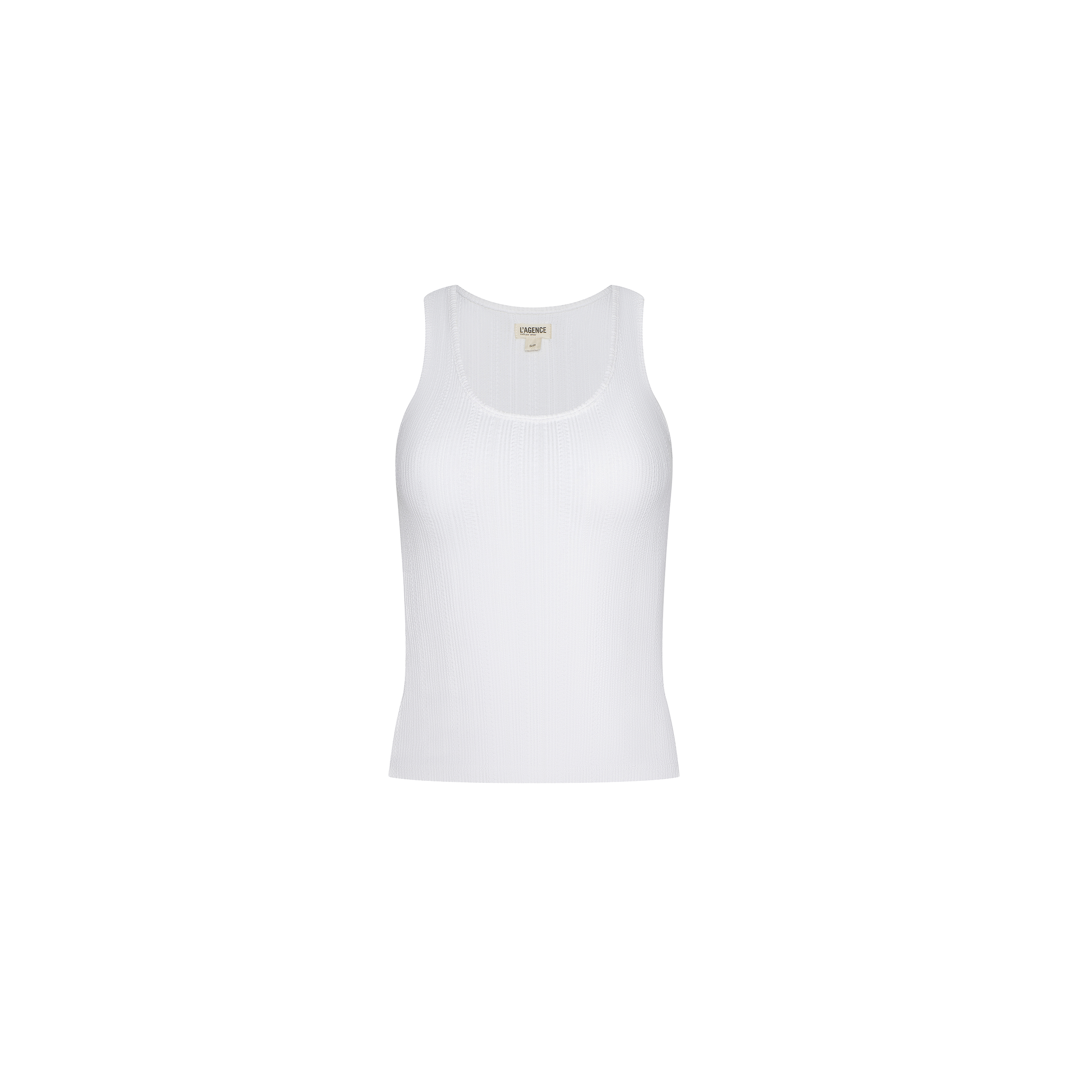 The Adira Scoopneck Tank, a white ribbed essential featuring a scoop neckline, is displayed against a plain light background.