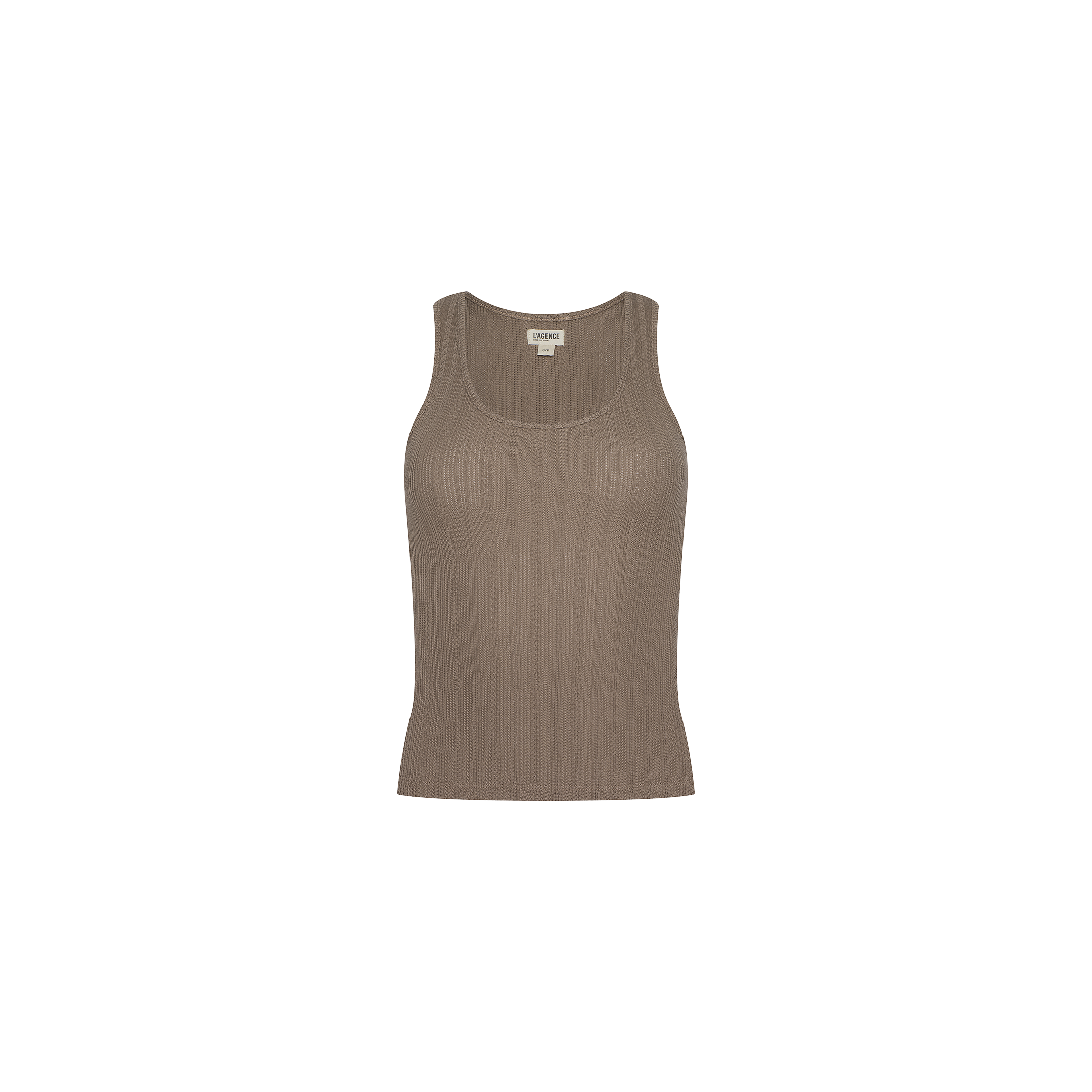 The Adira Scoopneck Tank is a sleeveless, ribbed fitted top made from organic cotton in taupe, showcasing a flattering scoop neckline and photographed against a plain white background.