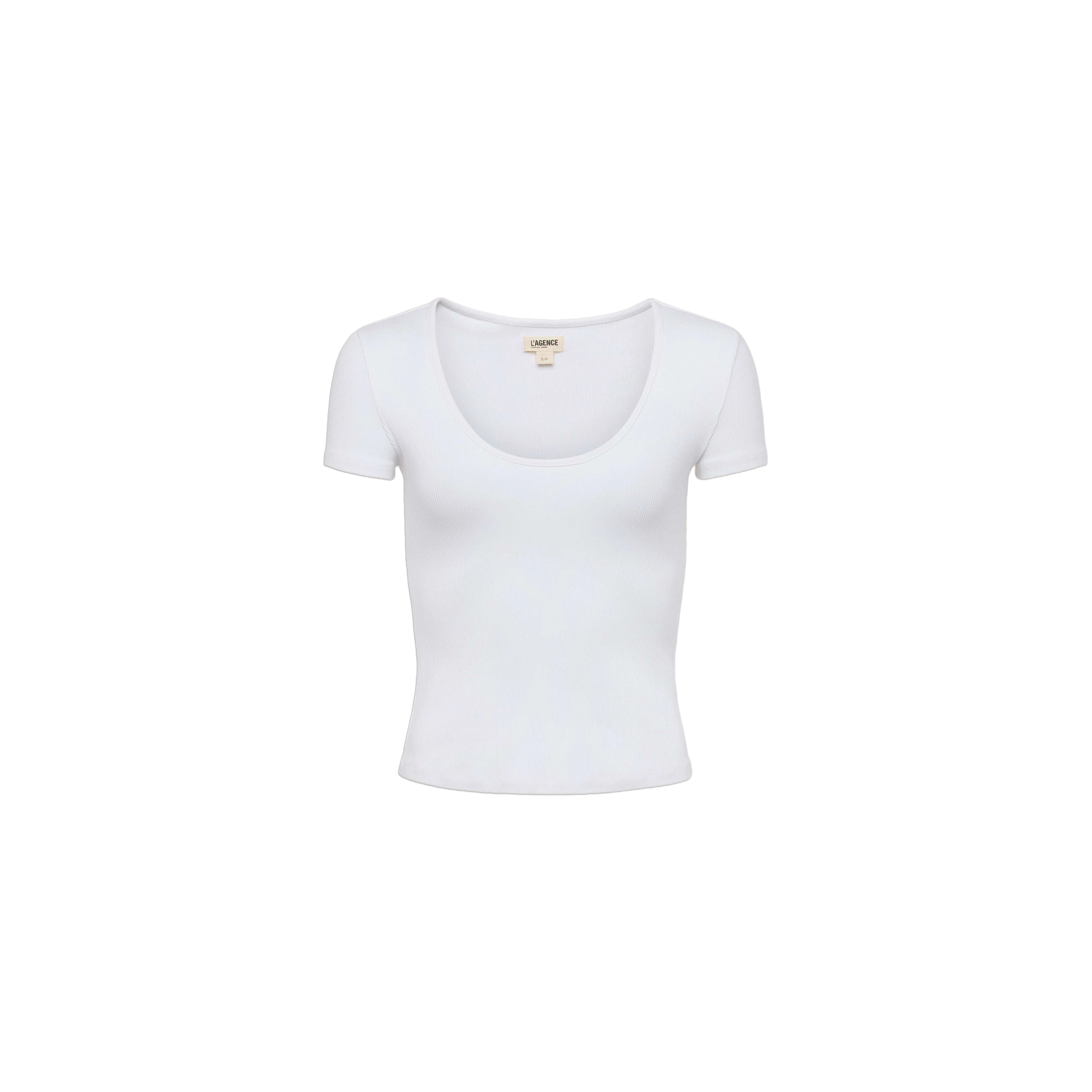 The Brynlee Scoopneck Tee is a women’s short-sleeve, ribbed stretch cotton top in plain white, featuring a scoop neckline and shown against a white background.