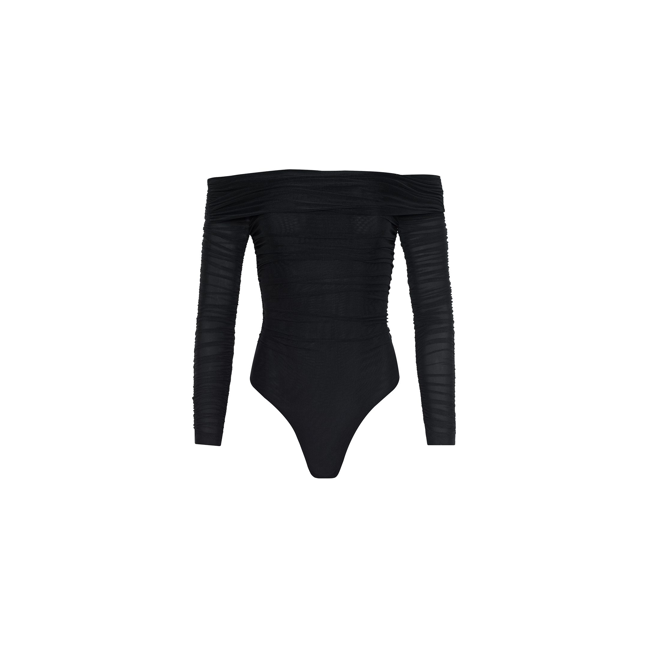 The Poppie Off-The-Shoulder Bodysuit is a black long-sleeve bodysuit with ruched detailing along the sleeves and torso, crafted from stretch mesh fabric and shown on a plain white background.