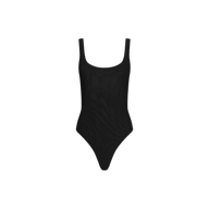 The Kalea Mesh Bodysuit features a plain black one-piece design with wide shoulder straps and a scoop neckline, showcased against a white background.