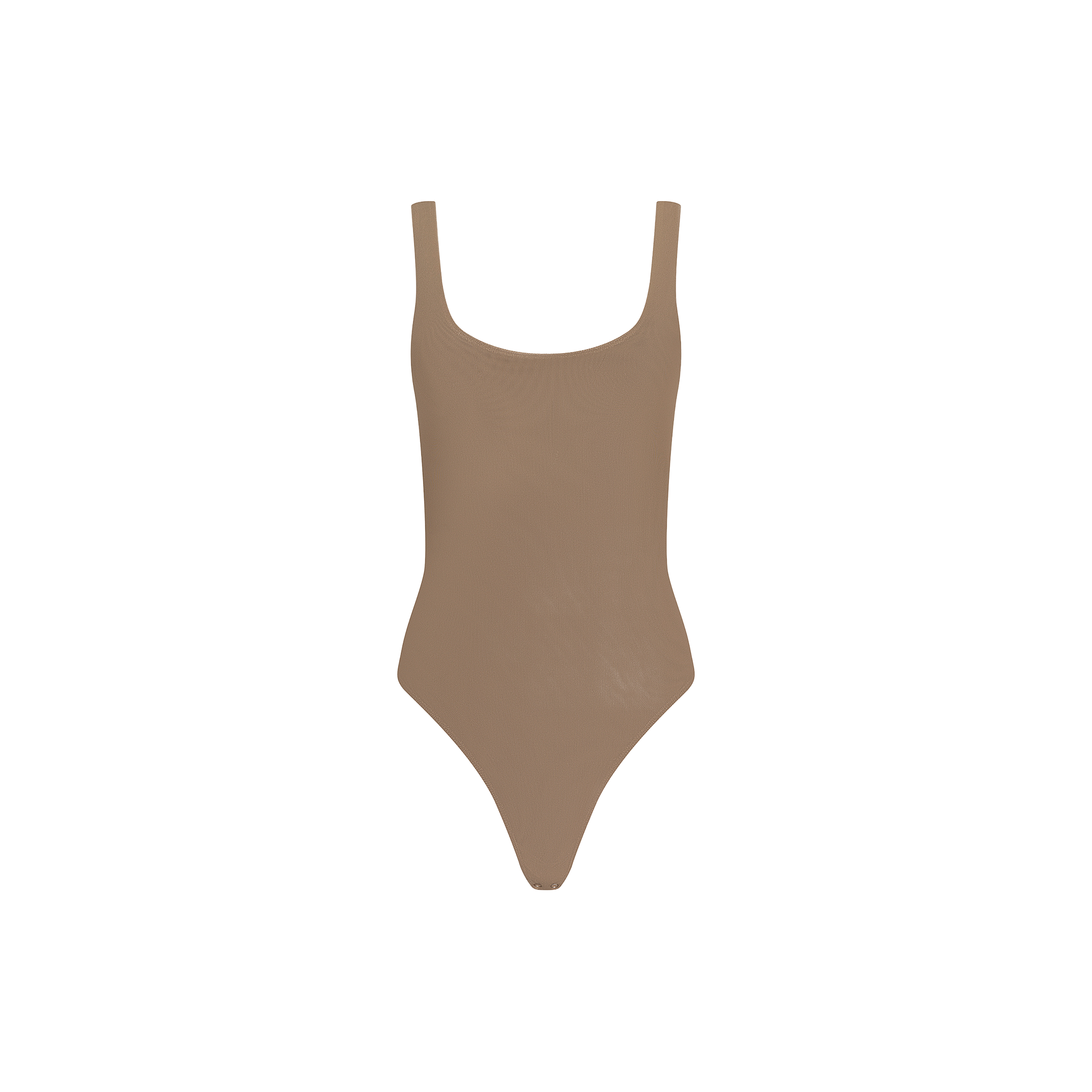 The Kalea Mesh Bodysuit is a taupe, sleeveless lightweight piece featuring a scoop neckline and high-cut legs, shown against a plain white background.