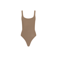 The Kalea Mesh Bodysuit is a taupe, sleeveless lightweight piece featuring a scoop neckline and high-cut legs, shown against a plain white background.