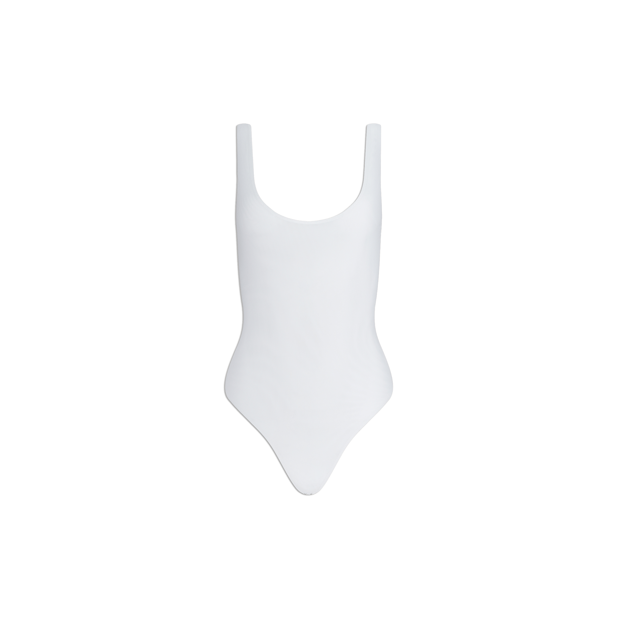 Kalea Mesh Bodysuit—a lightweight, plain white one-piece styled bodysuit featuring wide shoulder straps and a scoop neckline, displayed on a white background.