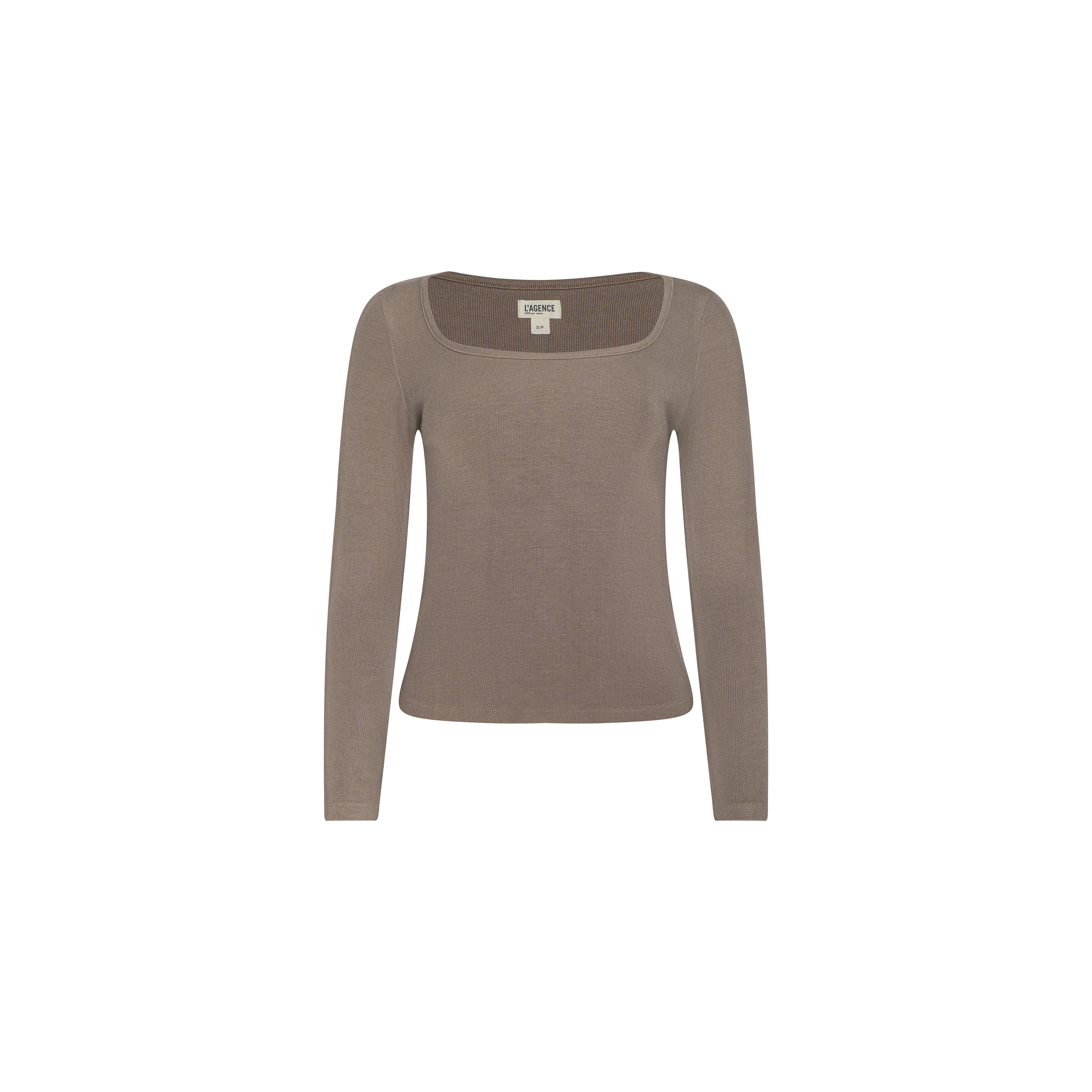 The Vanya Scoopneck Top, shown on a plain white background, is a taupe long-sleeve knit featuring a flattering square neckline and crafted from soft stretch rib fabric.