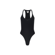 The Wrenna Racerback Bodysuit is a black sleeveless tank bodysuit showcasing a racerback design, V-neckline, and fitted silhouette crafted from soft rib fabric, displayed against a plain white background.