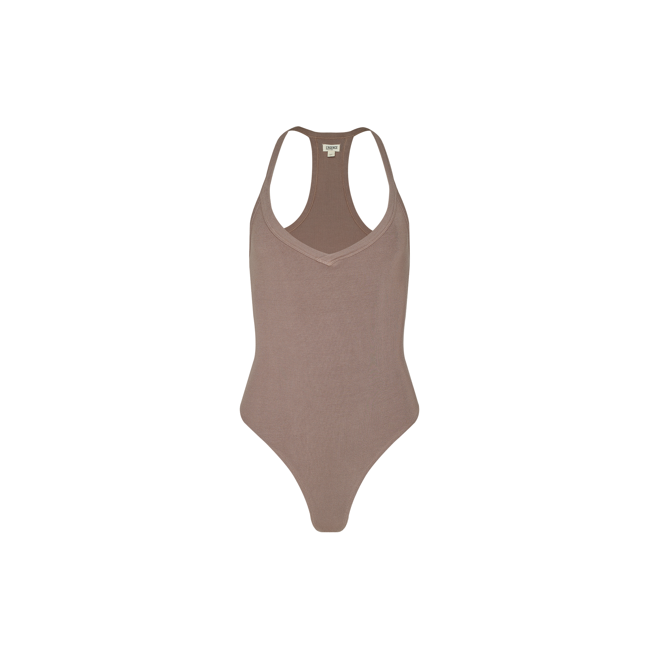 The Wrenna Racerback Bodysuit features taupe rib fabric, a V-neckline, sleeveless racerback design, and high-cut leg openings, shown against a plain white background.