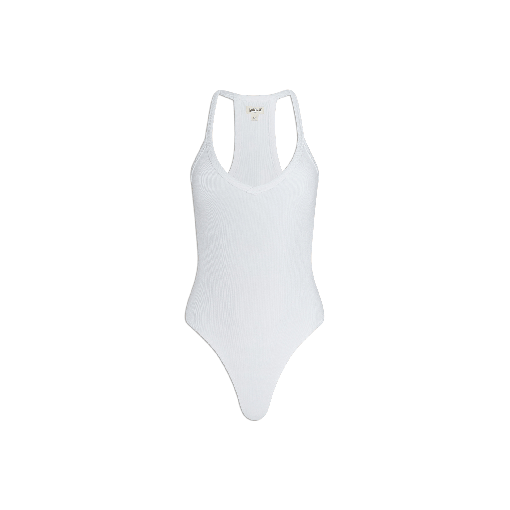 The Wrenna Racerback Bodysuit is a white one-piece swimsuit featuring a racerback design, scoop neckline, and high-cut legs crafted from rib fabric, displayed against a plain white background.