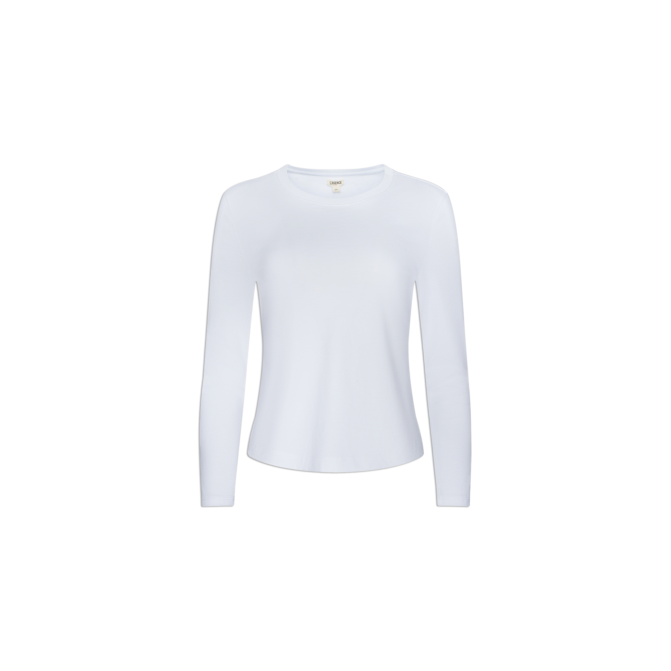 The Rojene Cotton Tee is a plain white long sleeve shirt made from soft Supima cotton, shown on a white background. It features a relaxed fit with no visible patterns or logos, delivering a simple and timeless look.