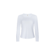 The Rojene Cotton Tee is a plain white long sleeve shirt made from soft Supima cotton, shown on a white background. It features a relaxed fit with no visible patterns or logos, delivering a simple and timeless look.