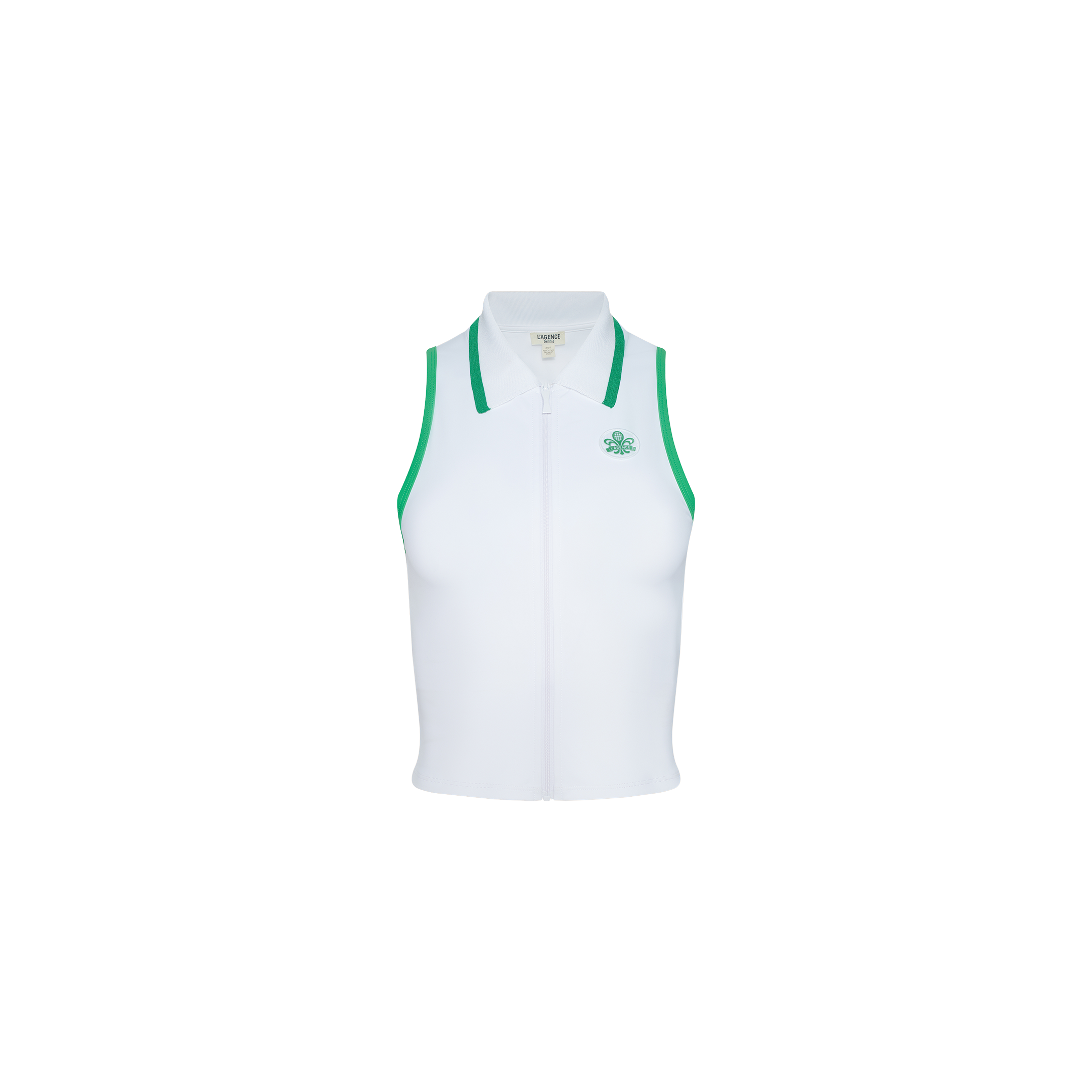 The Monica Tennis Polo is a sleeveless white collared top accented with green trim along the armholes and collar, and features a small green emblem on the left chest. Crafted from breathable fabric, this tennis polo is shown against a plain white background.