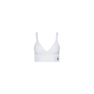 Steffi Tennis Bralette in white, showcasing a deep V-neckline and wide straps, with a subtle dark floral logo on the lower left band—displayed against a plain white background.