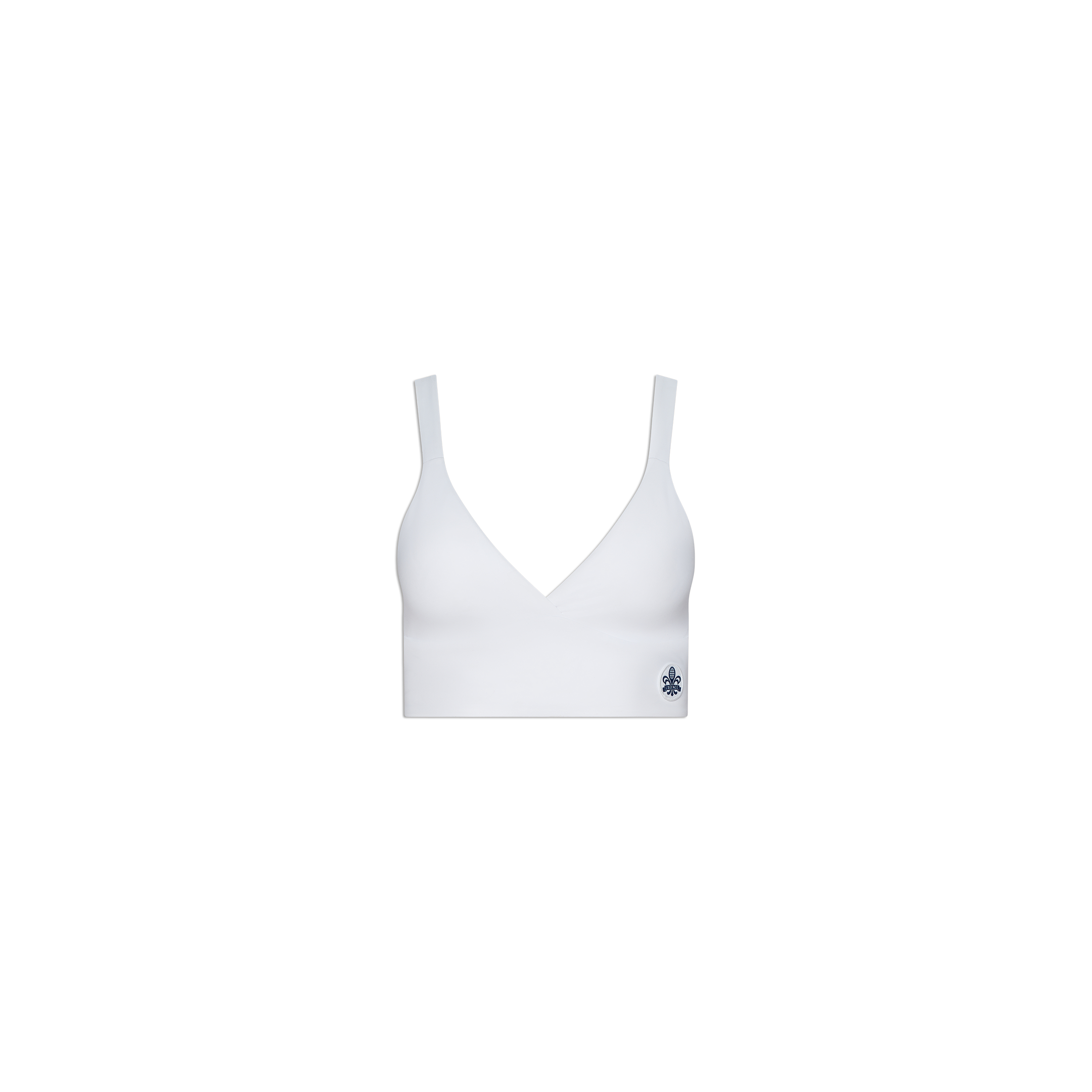 Steffi Tennis Bralette in white, showcasing a deep V-neckline and wide straps, with a subtle dark floral logo on the lower left band—displayed against a plain white background.