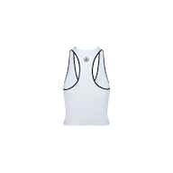 The Martina Racerback Tennis Tank is displayed from the back in light blue, with dark blue trim outlining the armholes and neckline, and a small blue floral emblem positioned near the upper center. The background is plain white.