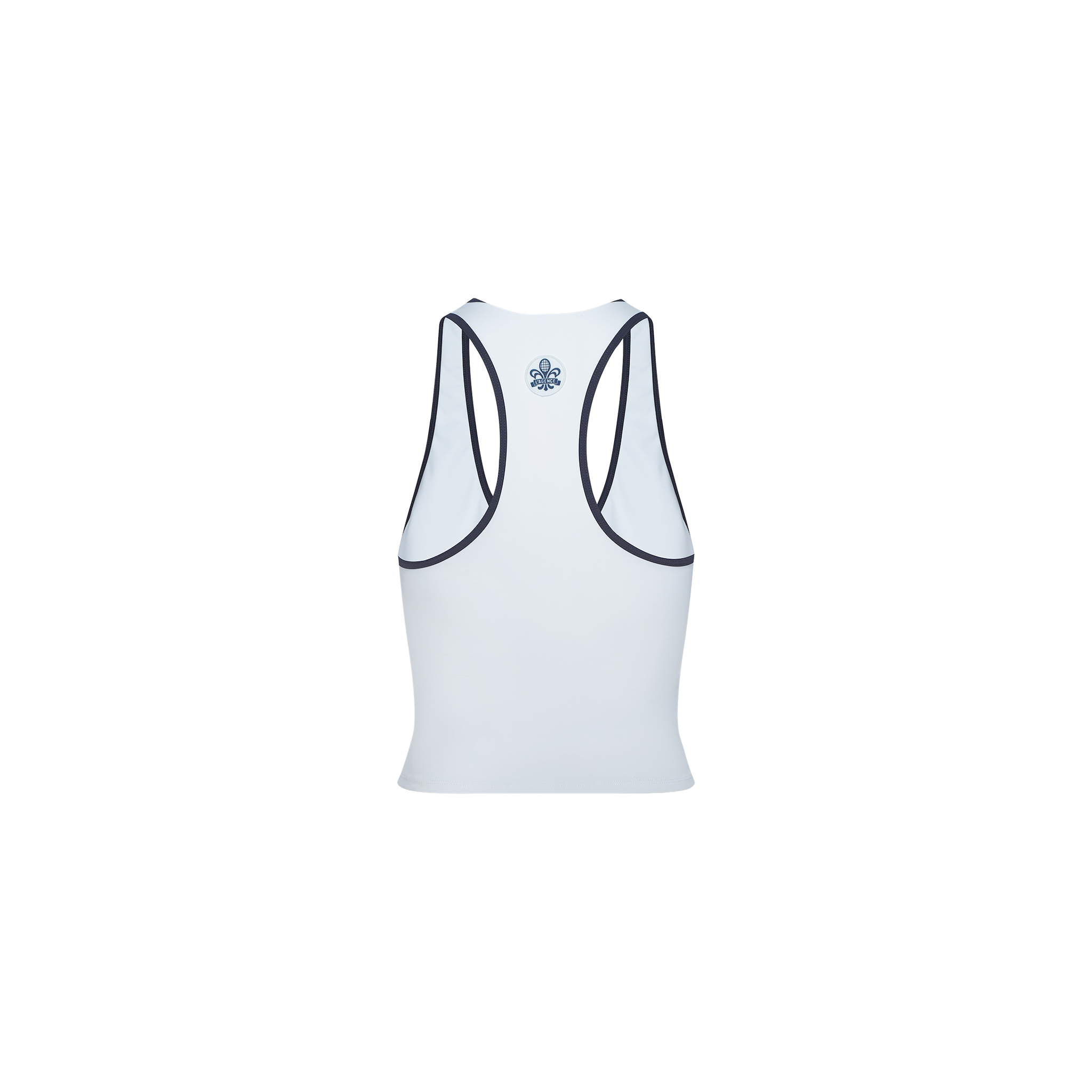 The Martina Racerback Tennis Tank is displayed from the back in light blue, with dark blue trim outlining the armholes and neckline, and a small blue floral emblem positioned near the upper center. The background is plain white.