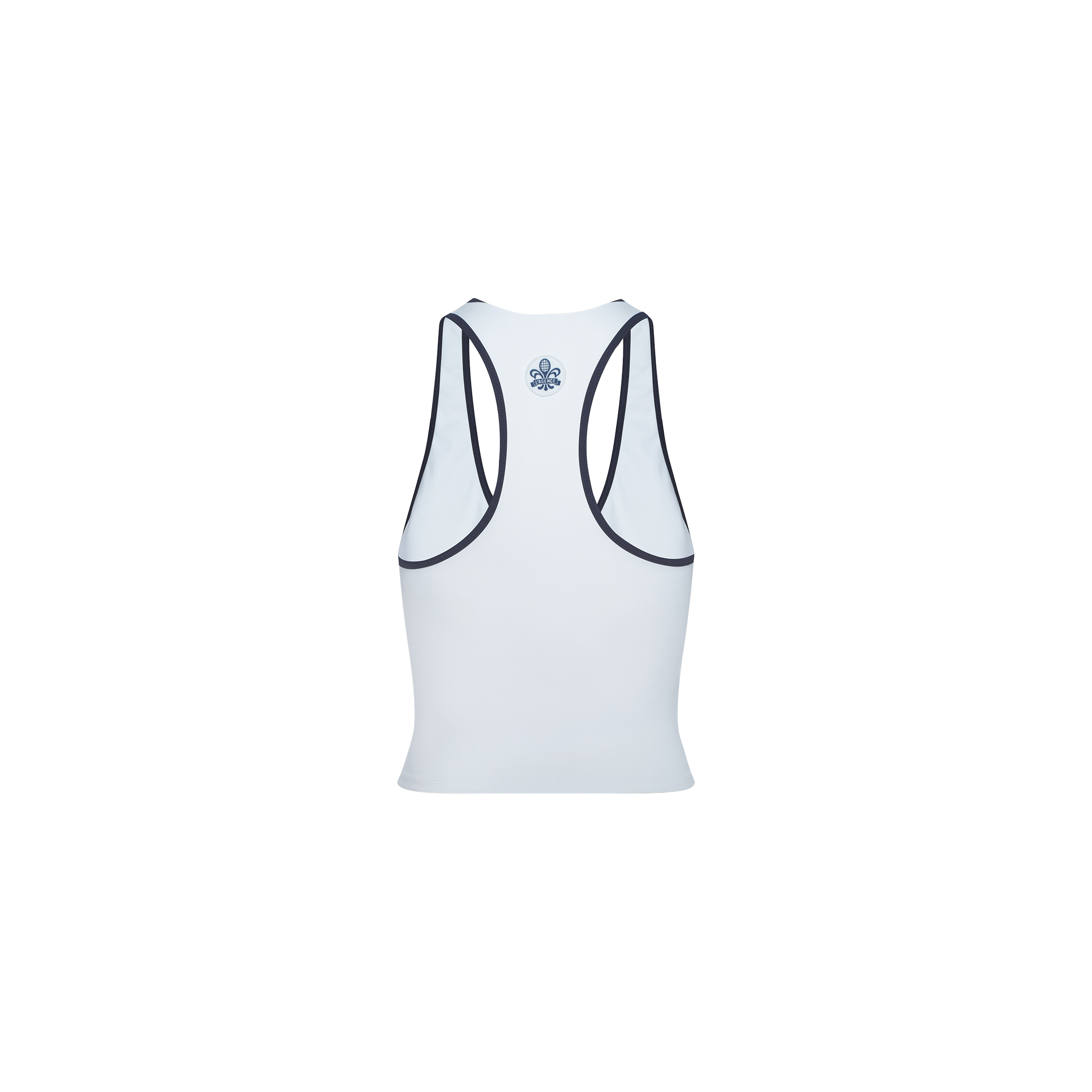 The Martina Racerback Tennis Tank is displayed from the back in light blue, with dark blue trim outlining the armholes and neckline, and a small blue floral emblem positioned near the upper center. The background is plain white.