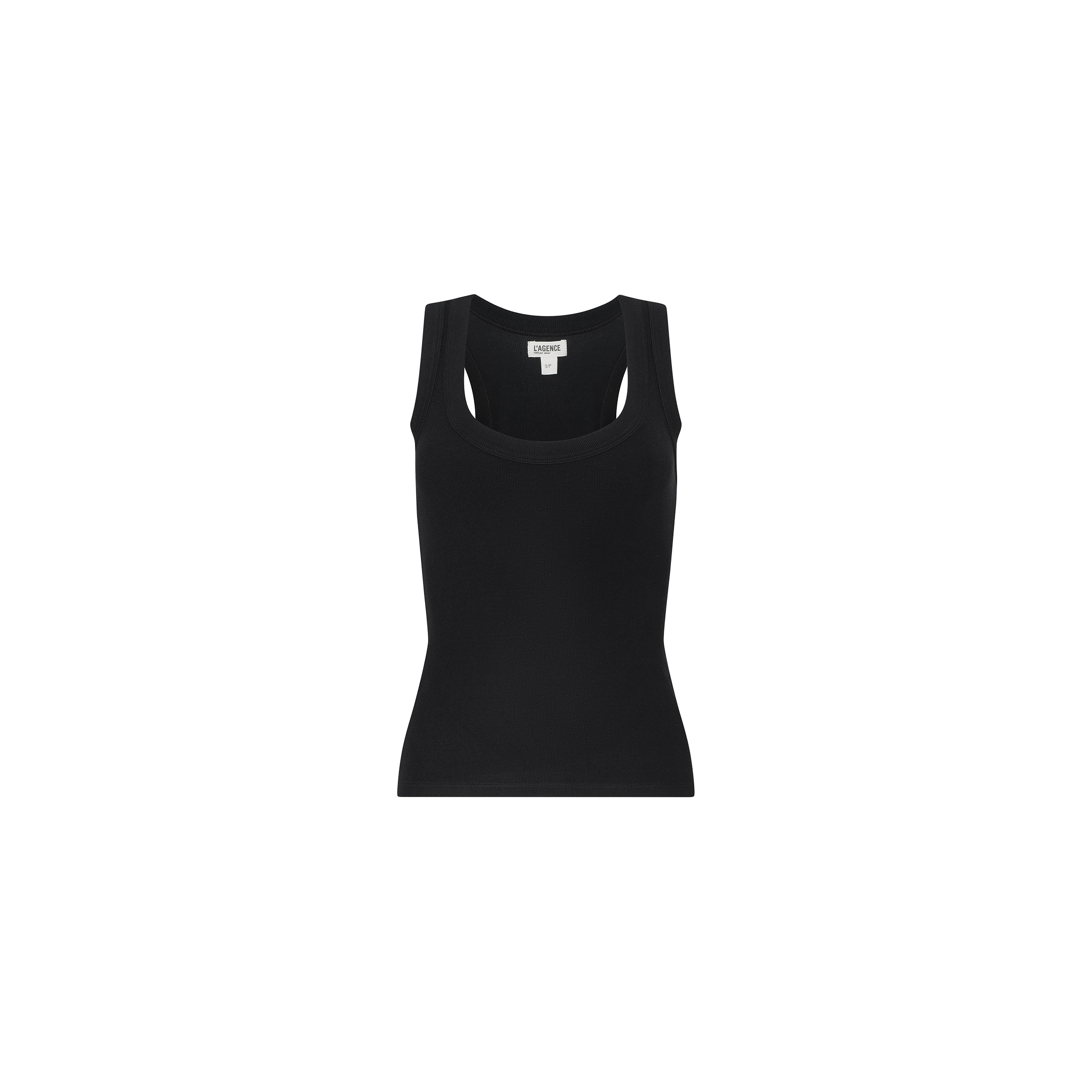 The Shania Racerback Tank, a plain black ribbed knit top featuring a scoop neckline, is displayed against a white background.