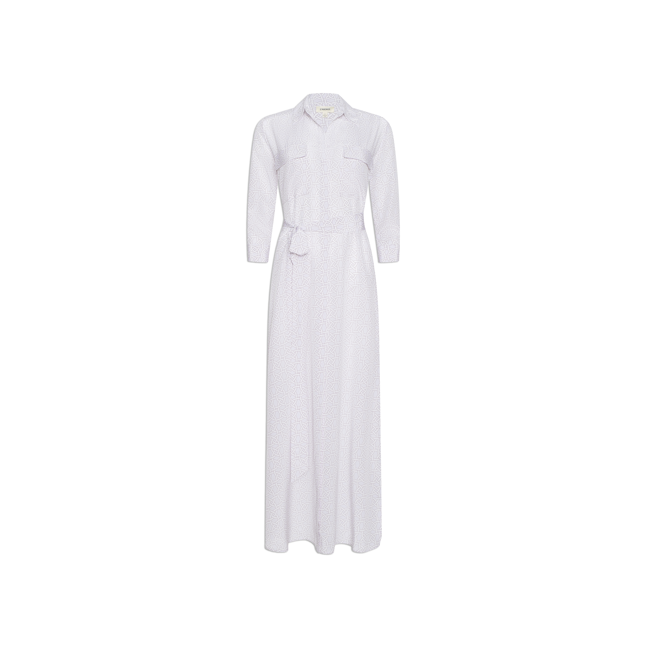 The Cameron Silk Shirt Dress is a long-sleeve, full-length silk dress featuring a collar, front pockets, button closure, and a matching fabric belt, displayed on a plain white background.