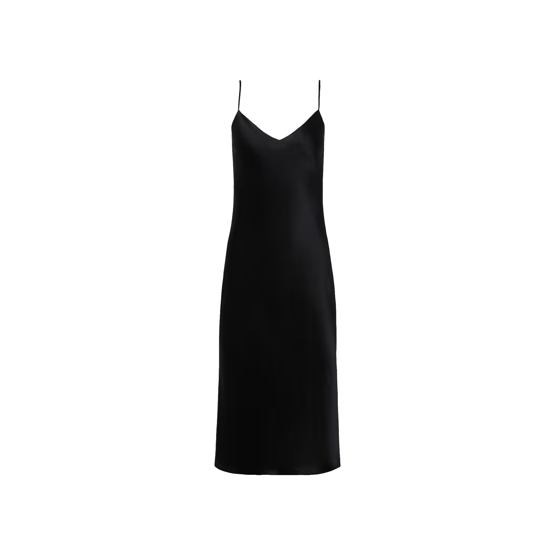 The Jodie Silk Slip Dress, featuring a sleeveless black silk design with thin spaghetti straps, a V-shaped neckline, and a straight knee-length hem, is displayed on a plain white background.
