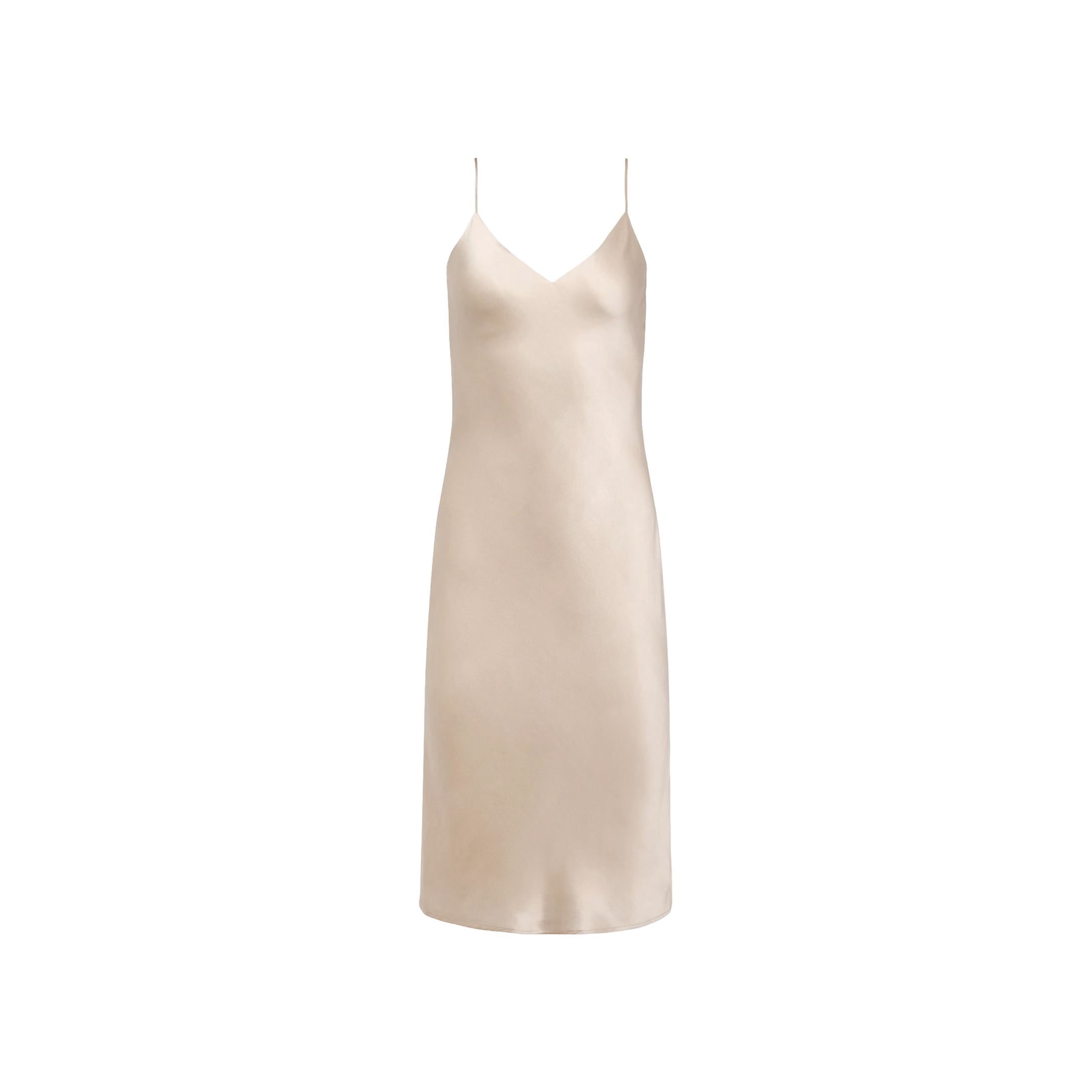 The Jodie Silk Slip Dress is a sleeveless, champagne-colored charmeuse design featuring thin spaghetti straps, a V-neckline, and a straight silhouette, shown against a plain white background.