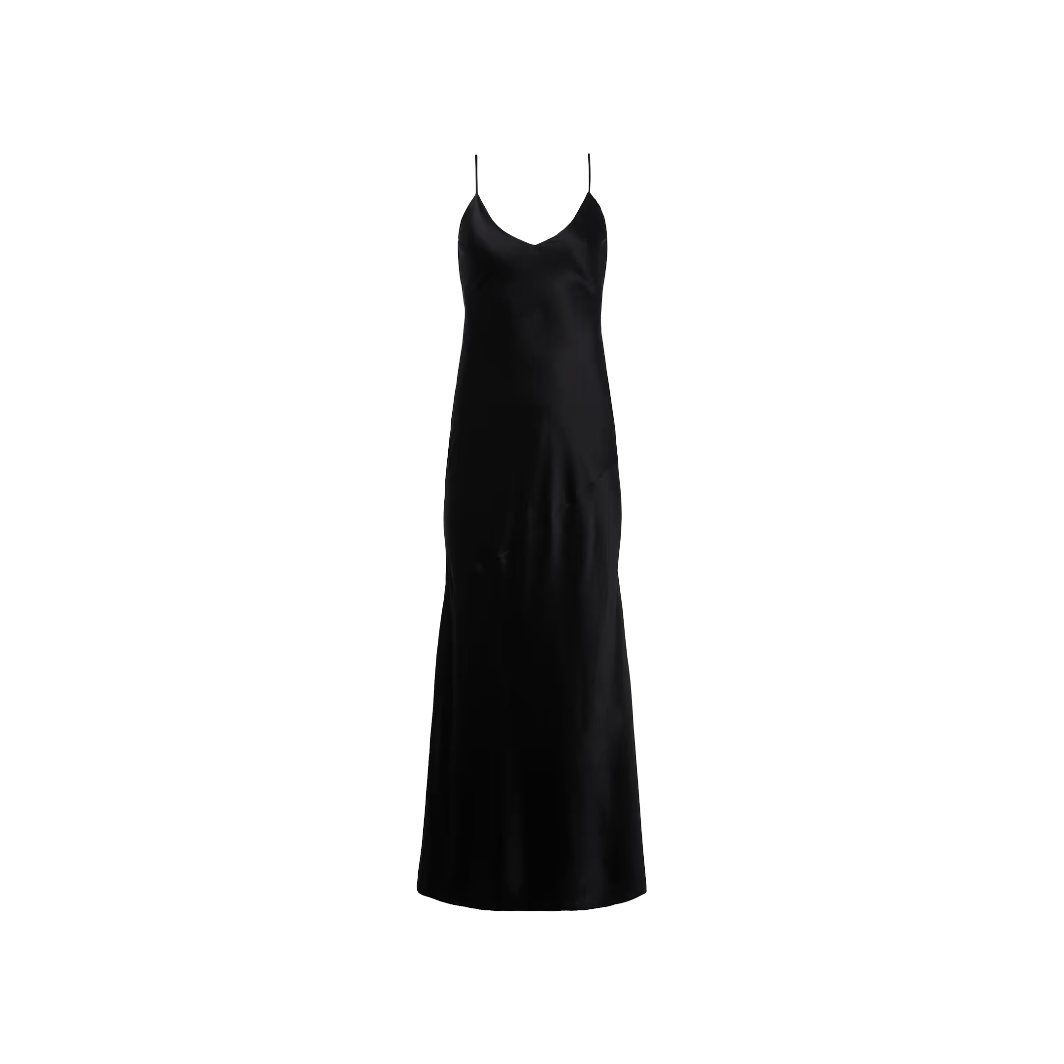 The Serita Silk Gown is a black silk charmeuse dress featuring thin spaghetti straps, a V-neckline, and a mid-length hem, showcased against a plain white background.