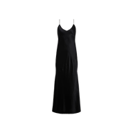 The Serita Silk Gown is a black silk charmeuse dress featuring thin spaghetti straps, a V-neckline, and a mid-length hem, showcased against a plain white background.