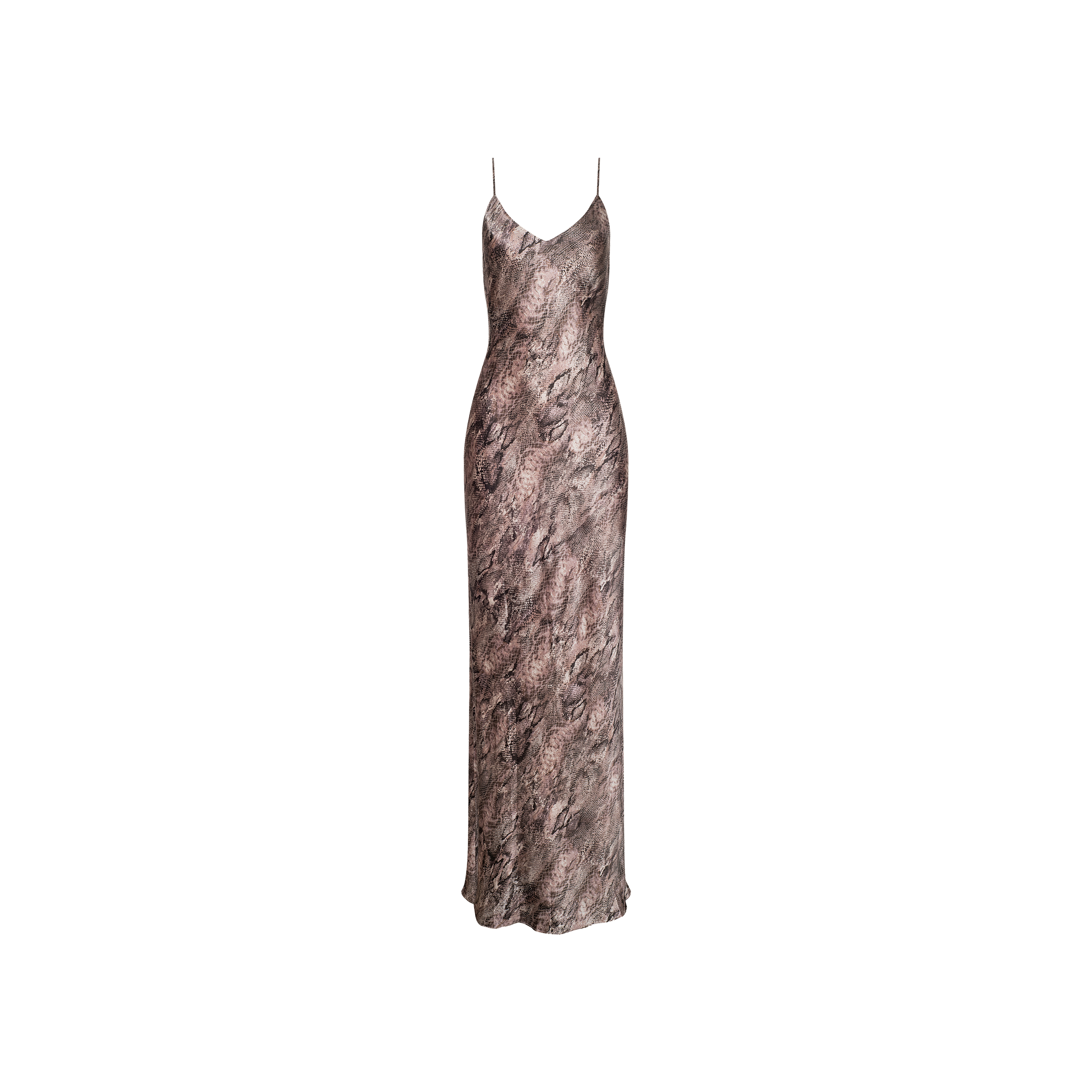 The Serita Silk Gown is a sleeveless, long slip dress featuring thin spaghetti straps and a sophisticated brown and gray marbled pattern, making it perfect as a wedding guest dress, shown against a plain white background.