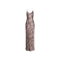 The Serita Silk Gown is a sleeveless, long slip dress featuring thin spaghetti straps and a sophisticated brown and gray marbled pattern, making it perfect as a wedding guest dress, shown against a plain white background.