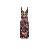 The Akiya Satin Maxi Dress is a sleeveless, ankle-length tank dress with a fitted top and flared skirt, showcasing a striking floral and animal collage print in black, red, and beige tones.