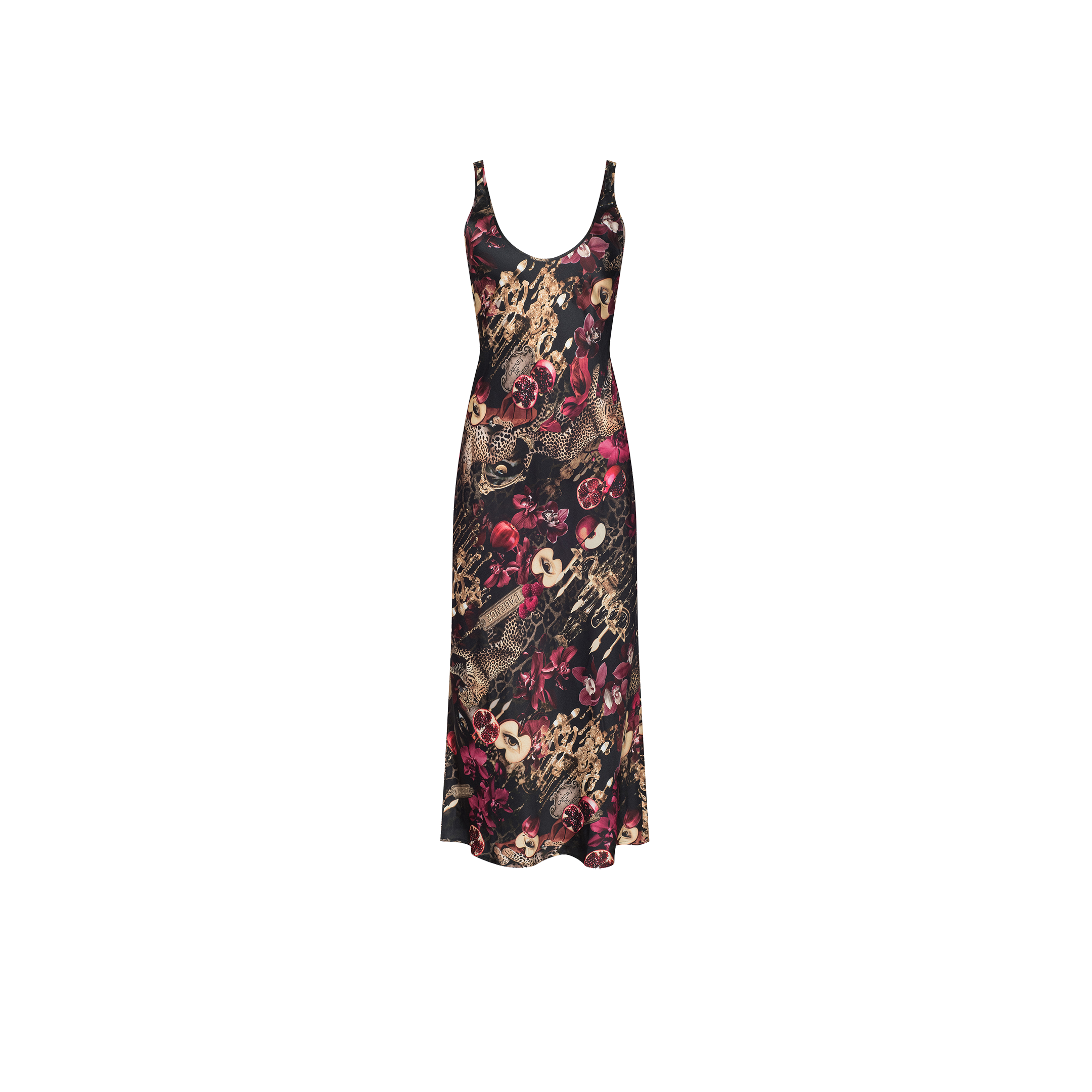 The Akiya Satin Maxi Dress is a sleeveless, ankle-length tank dress with a fitted top and flared skirt, showcasing a striking floral and animal collage print in black, red, and beige tones.