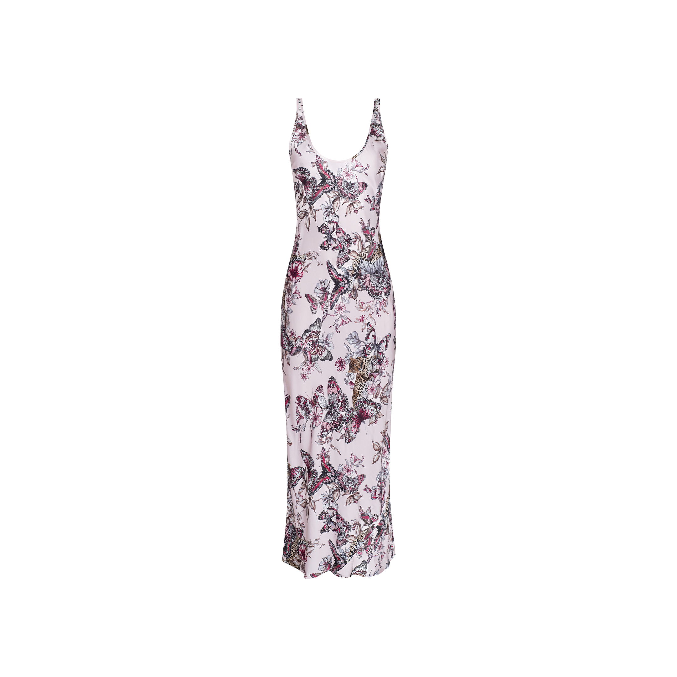 The Akiya Satin Maxi Dress is a sleeveless, form-fitting light pink evening gown featuring a deep neckline and an all-over vibrant butterfly jungle print, showcased against a plain white background.