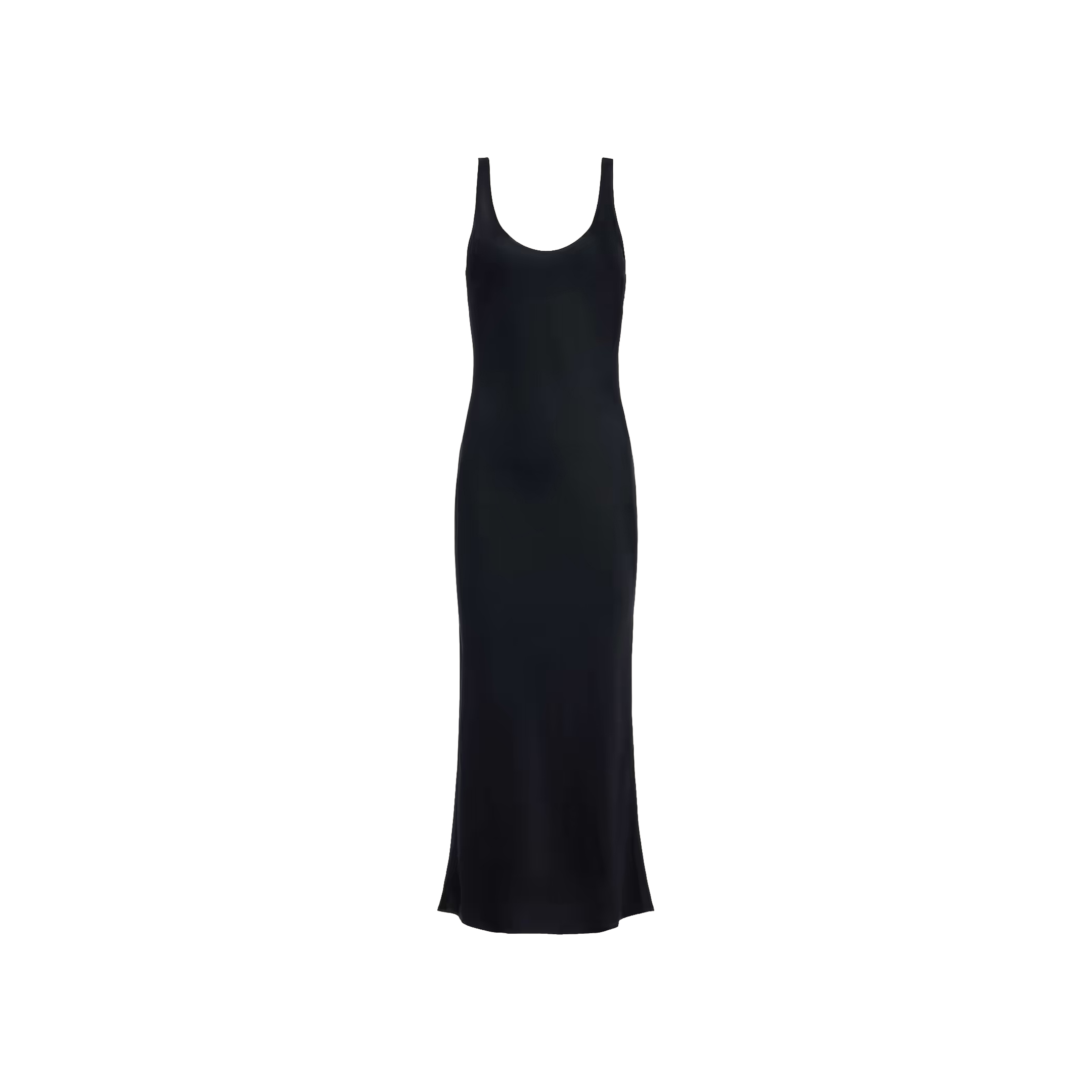 The Akiya Satin Maxi Dress is a sleeveless, ankle-length black dress featuring a scoop neckline, shown against a plain white background.
