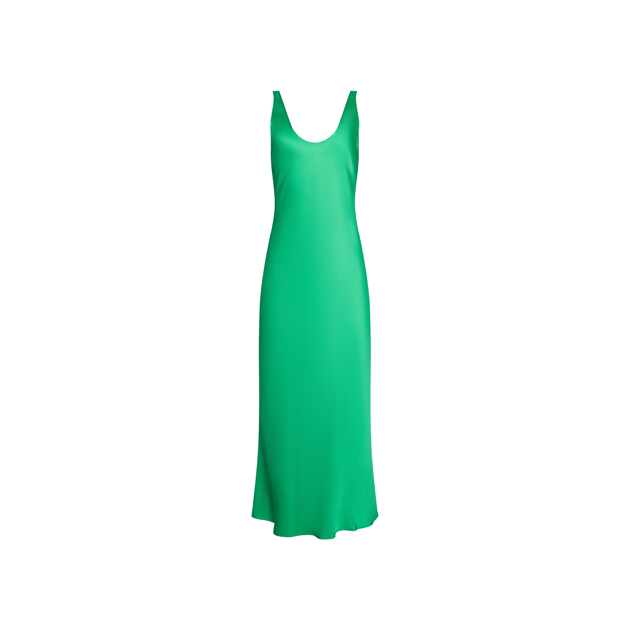 The Akiya Satin Maxi Dress is a sleeveless, island green bias-cut dress with a scoop neckline, crafted from smooth, shiny satin fabric and displayed on a plain white background.