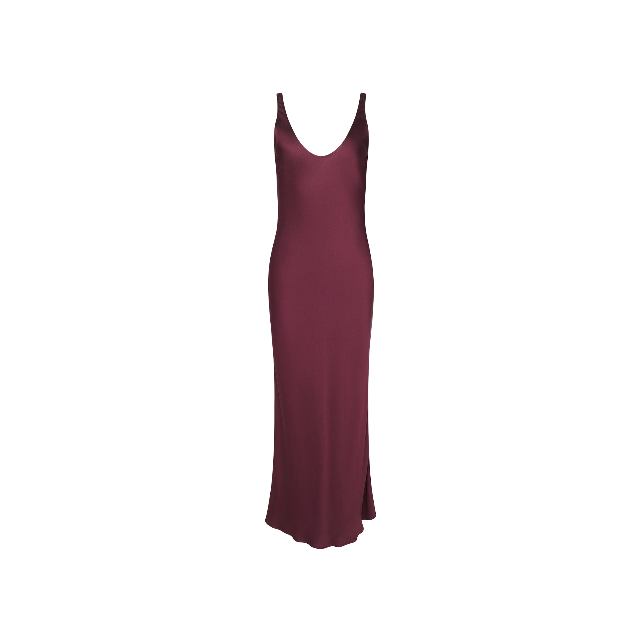 The Akiya Satin Maxi Dress is a sleeveless, floor-length gown in deep burgundy with a V-neckline, shown against a plain white background.