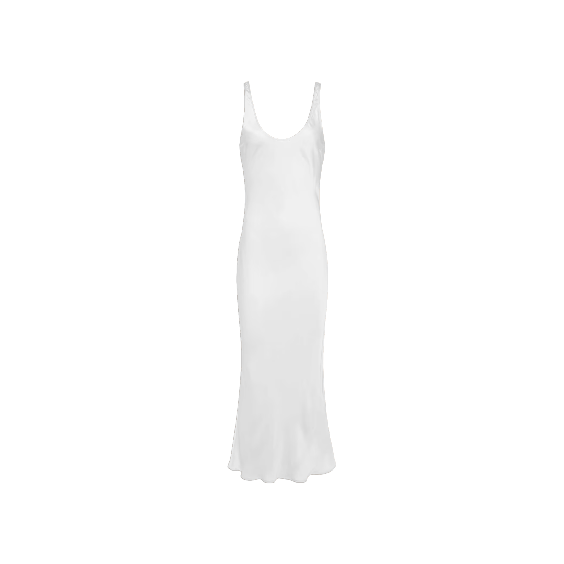 The Akiya Satin Maxi Dress is a plain white sleeveless slip dress featuring a bias cut, a scoop neckline, and a long, slightly flared hem, displayed on a white background.