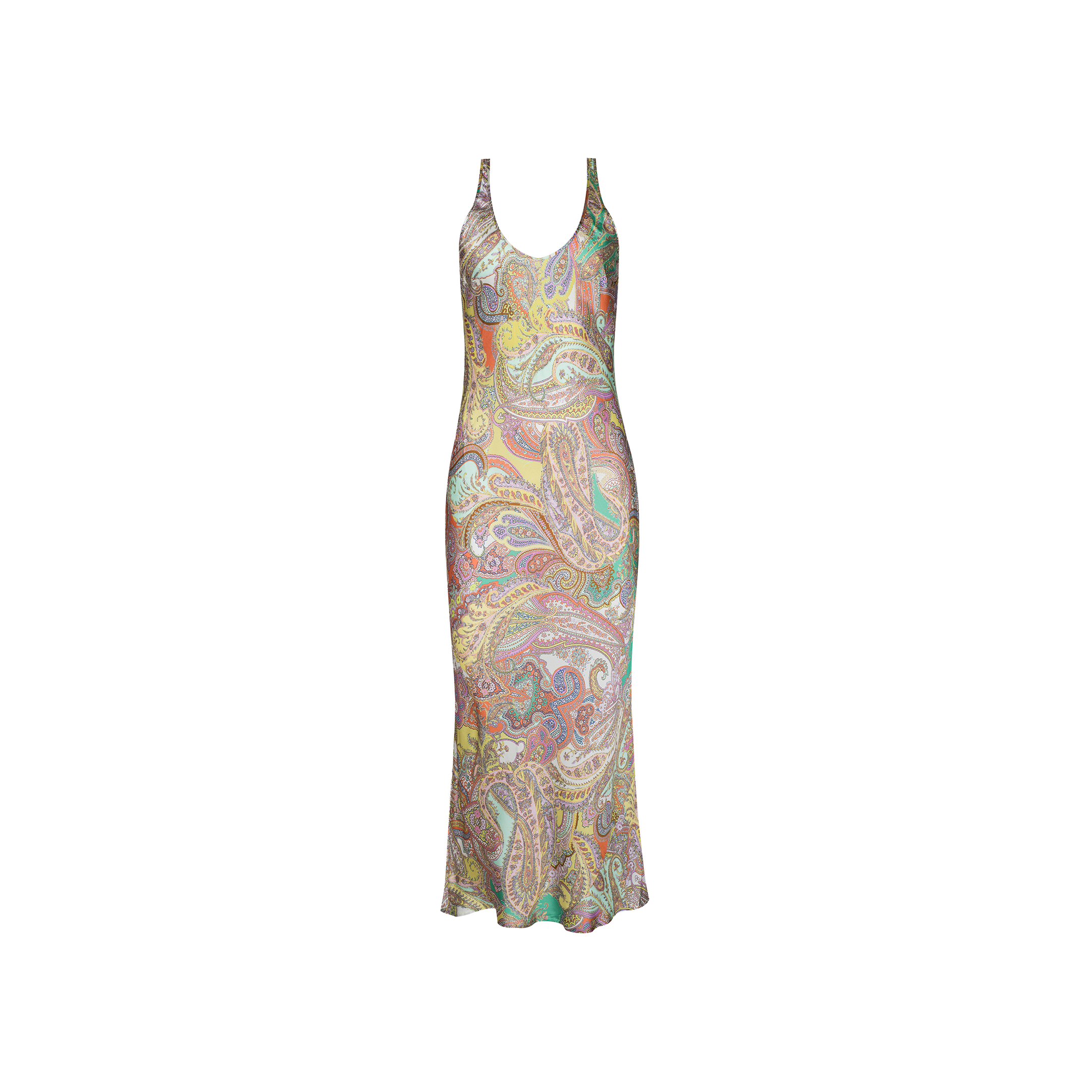 The Akiya Satin Maxi Dress features a sleeveless, fitted silhouette with a flattering V-neckline and an elegant paisley print in colorful pastel shades on a light background. This versatile dress seamlessly transitions from day to night, making it perfect for both work and evening occasions.