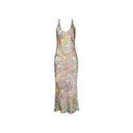 The Akiya Satin Maxi Dress features a sleeveless, fitted silhouette with a flattering V-neckline and an elegant paisley print in colorful pastel shades on a light background. This versatile dress seamlessly transitions from day to night, making it perfect for both work and evening occasions.