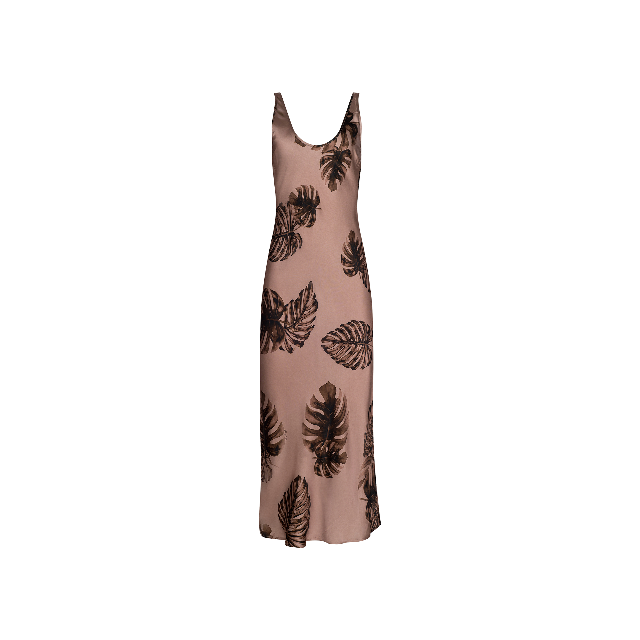 Sleeveless, light brown Akiya Satin Maxi Dress featuring a scoop neckline and black palm leaf print, cut on the bias from luxurious satin fabric, displayed on a plain white background.