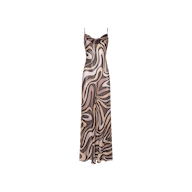 The Christine Silk Gown is a sleeveless, floor-length bias-cut dress with thin straps, showcasing a brown swirl print in shades of beige and cream on semi-sheer fabric, displayed against a plain white background.