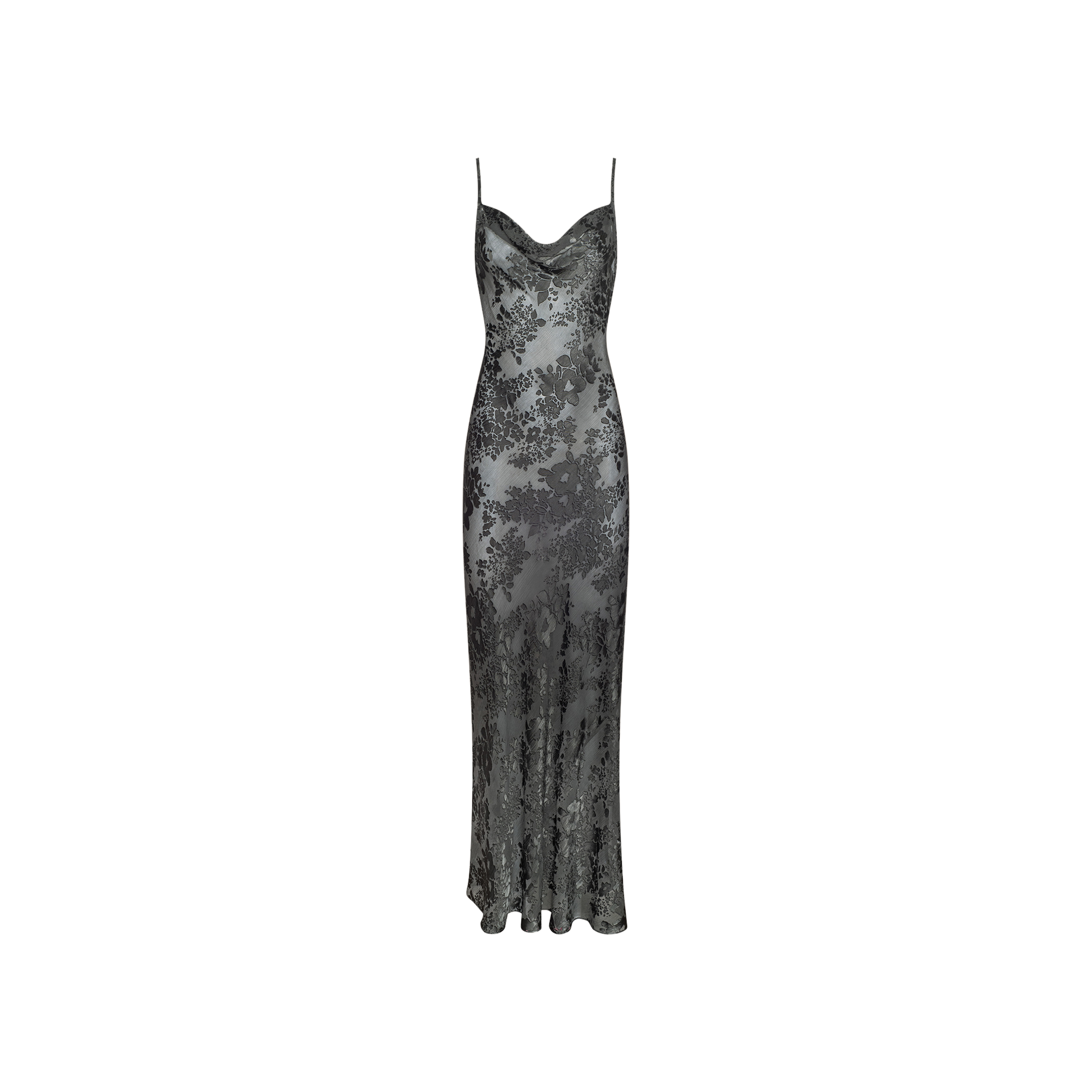The Christine Burnout Satin Gown is a long, sleeveless sheer slip dress featuring thin spaghetti straps and a black floral lace pattern over a light gray base, displayed on a plain white background.
