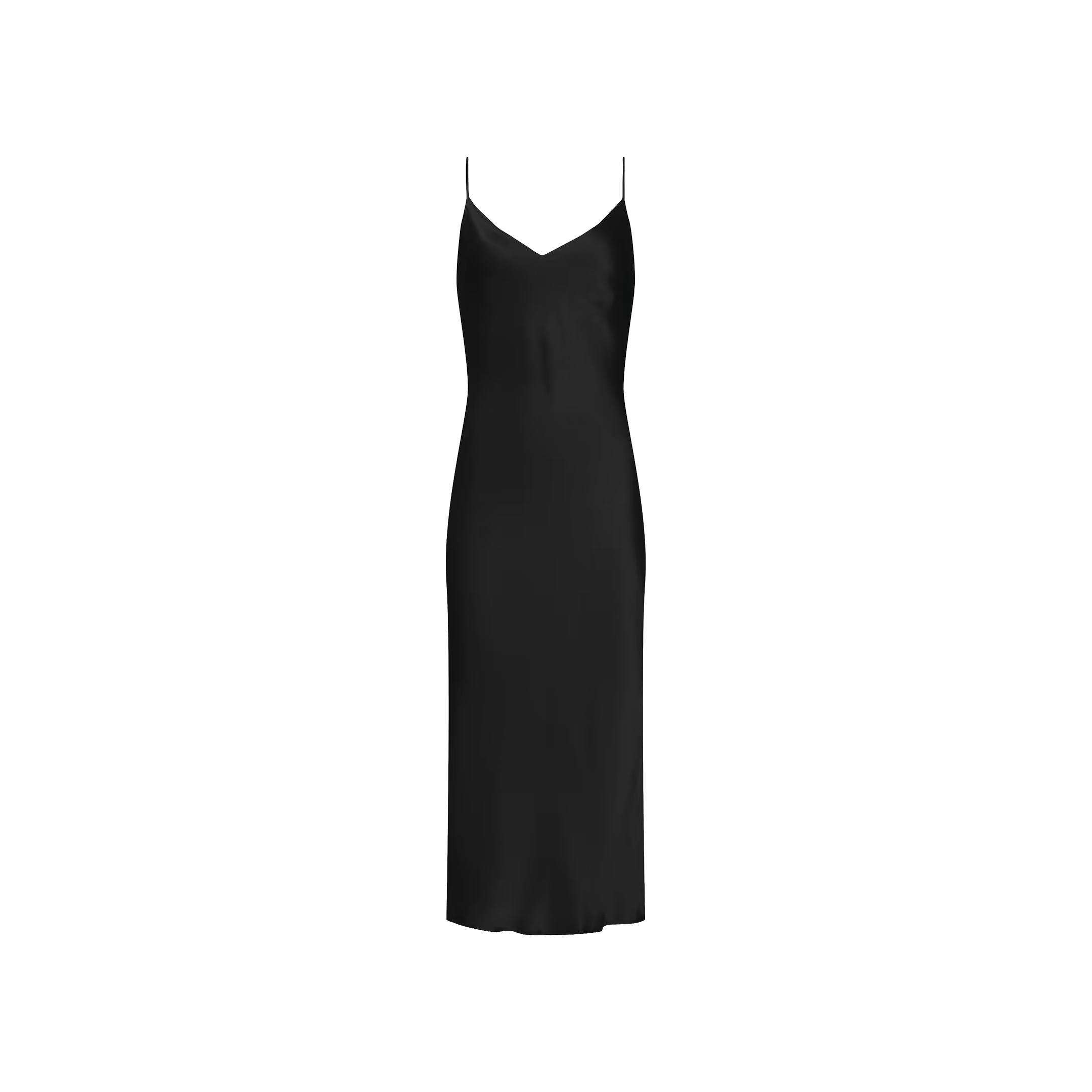 The Seridie Silk Slip Dress, featuring thin spaghetti straps, a V-neckline, and a knee-length hem in classic black silk, is displayed on a plain white background. This mid-length dress is perfect for a special occasion.