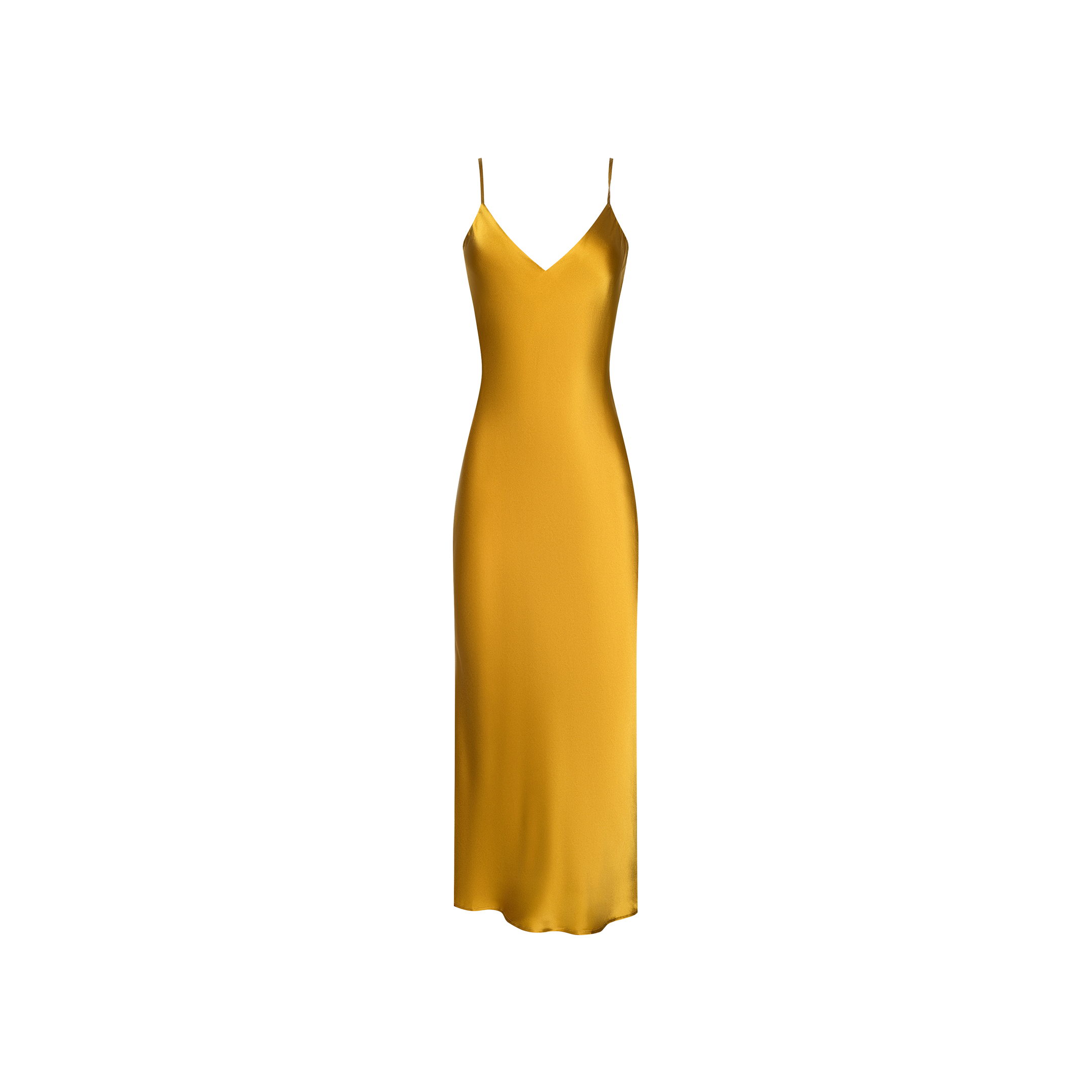 The Seridie Silk Slip Dress is a sleeveless, ankle-length yellow slip dress with a bias cut and delicate spaghetti straps, crafted from luxurious silk for an elegant evening look. It is displayed against a plain white background.