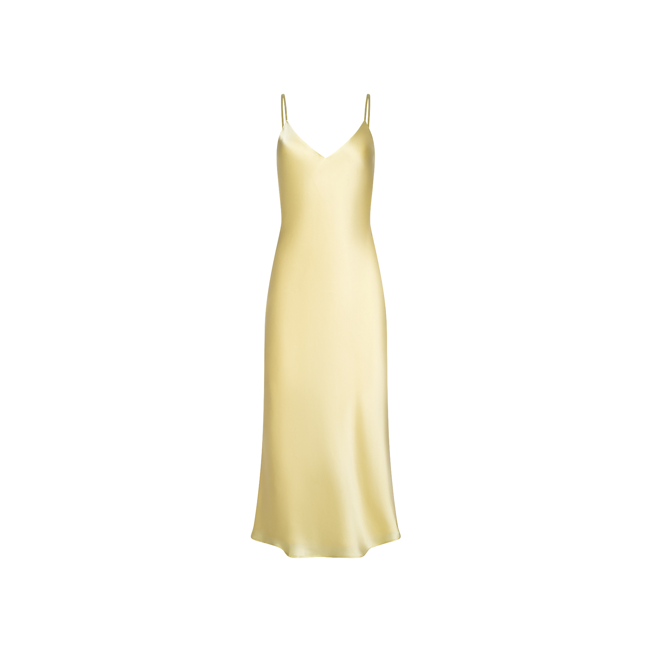 The Seridie Silk Slip Dress is a sleeveless, pale yellow slip dress crafted from luxurious silk charmeuse, featuring a bias cut and thin spaghetti straps, displayed on a plain white background.