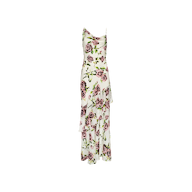 The Viola Silk Cowl-Neck Gown is a sleeveless white maxi dress featuring a cowl neckline, an airy silk chiffon construction, a mauve rose print in pink and green, and an asymmetrical hemline.