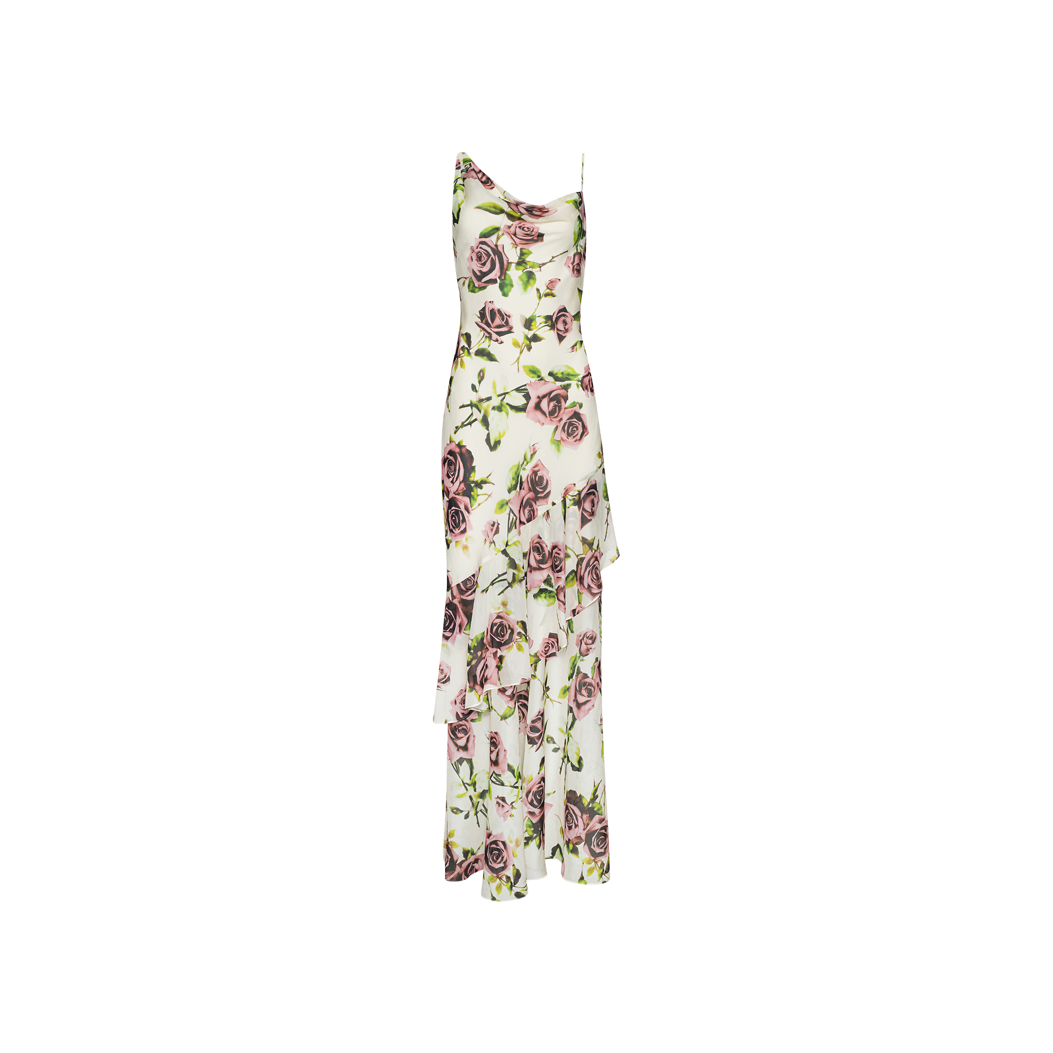 The Viola Silk Cowl-Neck Gown is a sleeveless white maxi dress featuring a cowl neckline, an airy silk chiffon construction, a mauve rose print in pink and green, and an asymmetrical hemline.